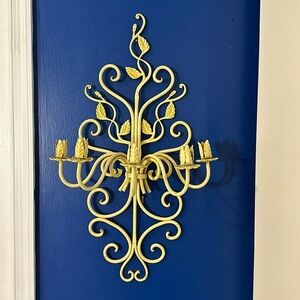 Vintage 1970’s Yellow Floral Scrolling Cast Iron Candleholder Holds 5 Candles